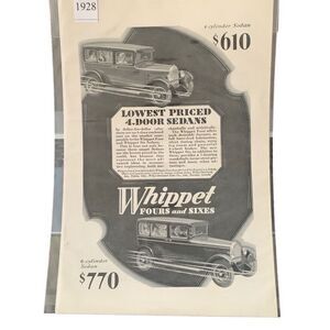 Vintage 1928 Whippet LOWEST Prices 4-Door Sedans Ad Advertisement